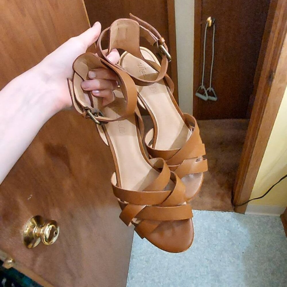 Madewell brown leather sandals heels wood wedge 10